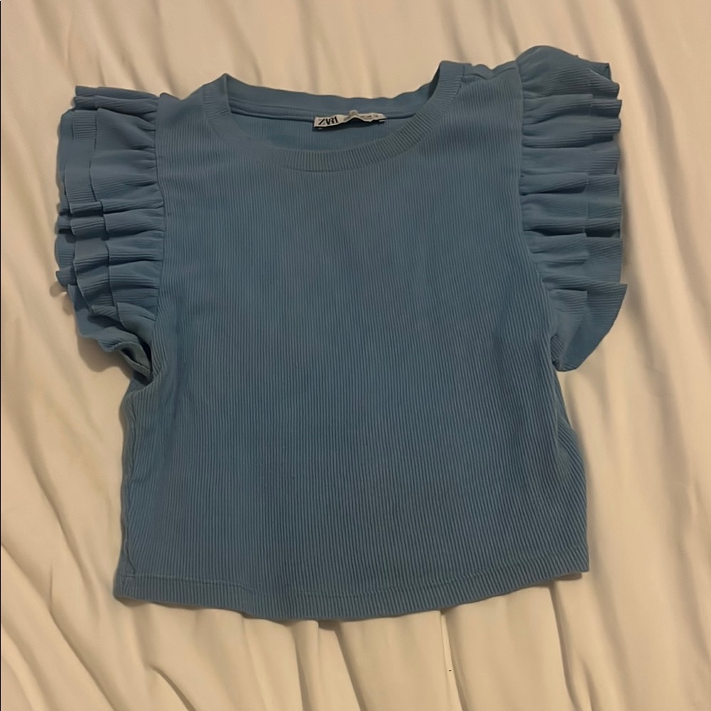 Zara Blue Ruffled Sleeve Top